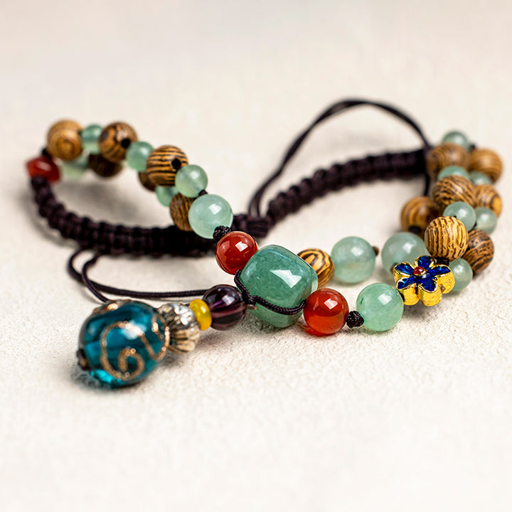Buddha Stones Wenge Wood Aventurina verde Cavigliera di protezione dell'equilibrio