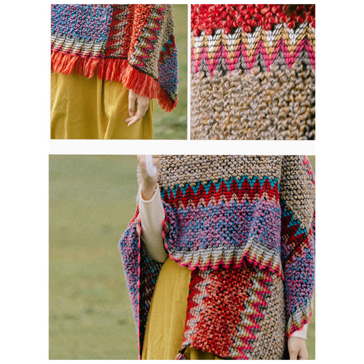 Scialle tibetano lavorato a maglia con Buddha Stones, mantello caldo, sciarpa tibetana con nappe