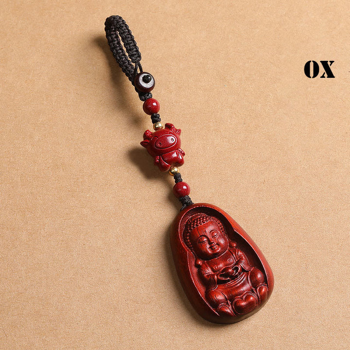 Buddha Stones Piccola foglia Sandalo rosso Buddha Cinabro Zodiaco cinese Amuleto Protezione Portachiavi