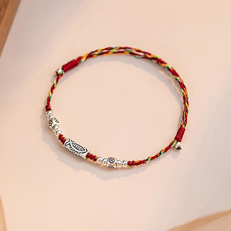 Buddha Stones 925 Sterling Silver Luck Koi Fish Braccialetto alla caviglia intrecciato con corda colorata - image 13