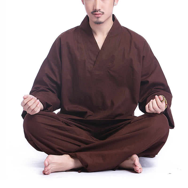 Set da uomo di abbigliamento yoga Buddha Stones a V, in cotone e lino, per meditazione e preghiera, spirituale e zen - Marrone - US/UK/AU44, EU54 (3XL) - image 0
