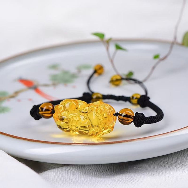 Braccialetto della ricchezza con moneta di PiXiu Cooper in ossidiana naturale, ametista, citrino e Buddha Stones