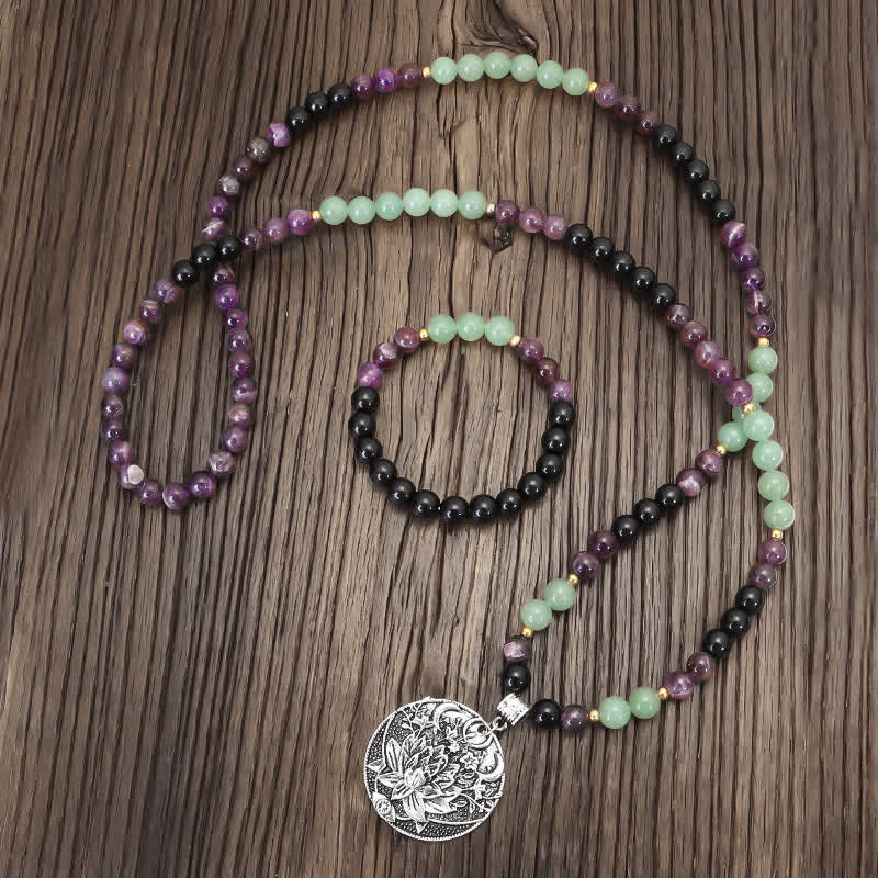 Buddha Stones 108 Mala Beads Ametista Verde Avventurina Loto Bracciale Meditazione - image 1