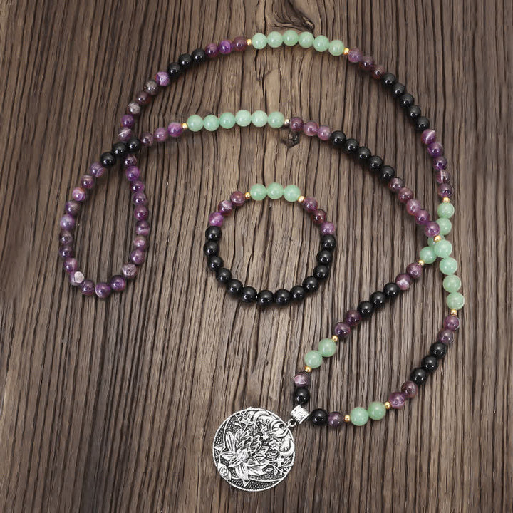 Buddha Stones 108 Mala Beads Ametista Verde Avventurina Loto Bracciale Meditazione - image 1