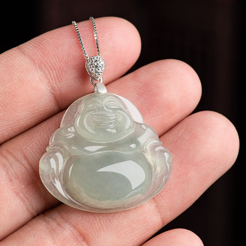 Collana con ciondolo a Buddha Stones in argento sterling 925, giada naturale, Buddha che ride, prosperità e abbondanza