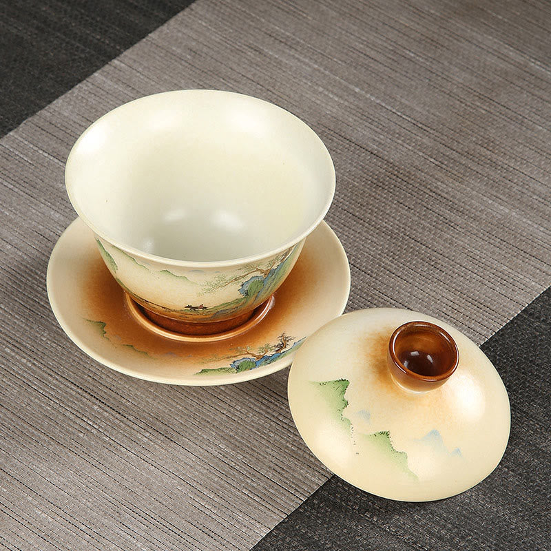 Buddha Stones Montagna Paesaggio Campagna Ceramica Gaiwan Sancai Tazza da tè Kung Fu Tazza da tè e piattino con coperchio