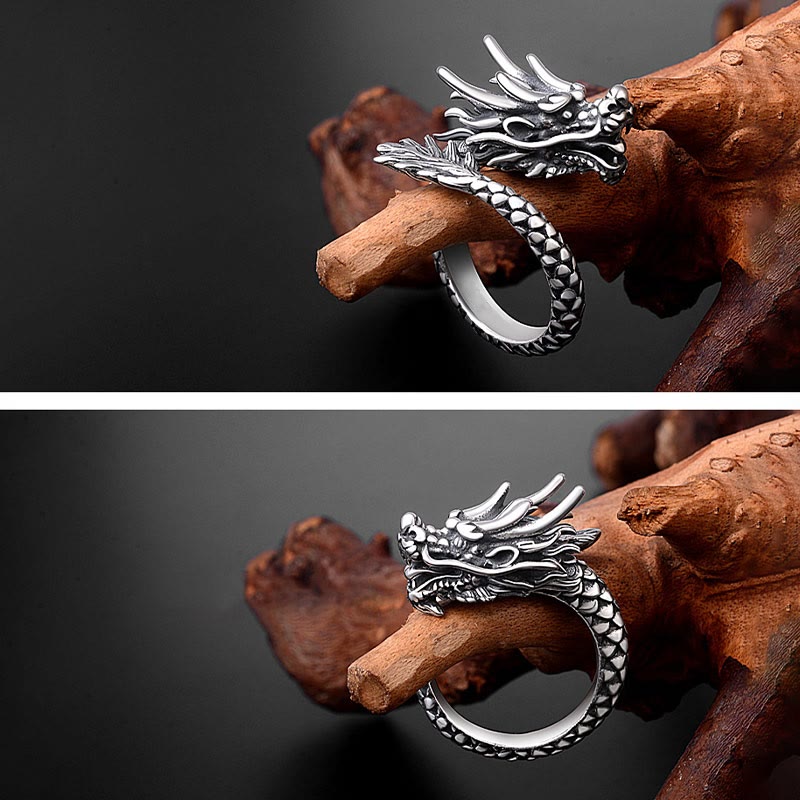 Anello regolabile Buddha Stones 990 Sterling Silver Vintage Dragon Design Luck Protection Strength