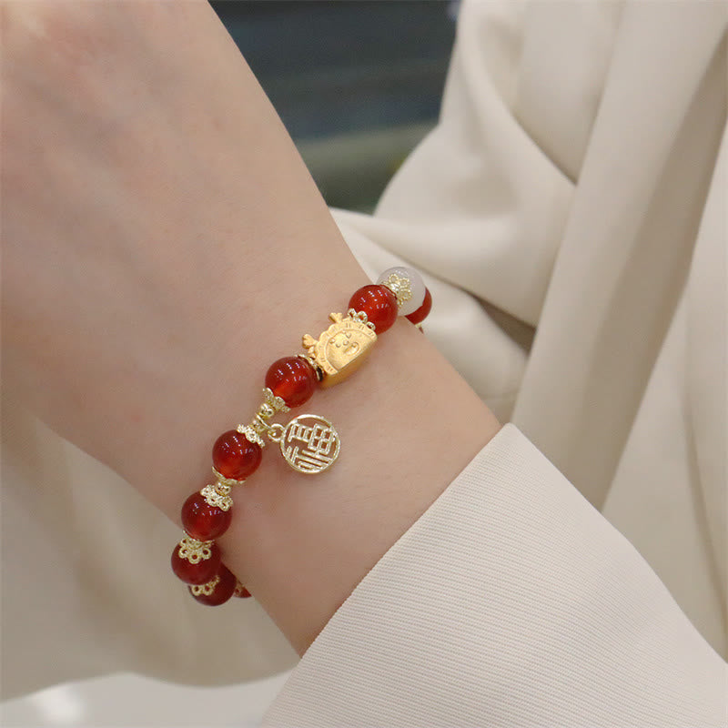 Buddha Stones Anno del Drago Agata Rossa Quarzo Fragola Ossidiana Nera Giada Granato Perla Cinabro Drago Gnocco Fortuna Fu Bracciale Personaggio - image 3
