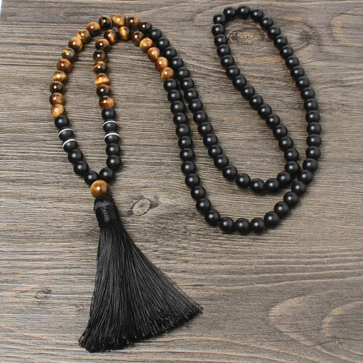 Buddha Stones Onice Nero Occhio di Tigre Braccialetto della Fortuna Collana con Nappa Pendente
