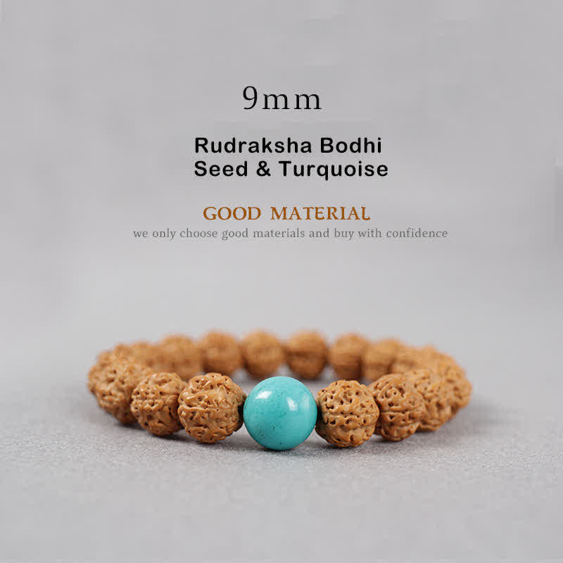 Buddha Stones Tibet Rudraksha Bodhi Seed Dzi Bead Ambra Turchese Bracciale della Ricchezza - 9 mm - Seme di Rudraksha Bodhi e turchese - image 6