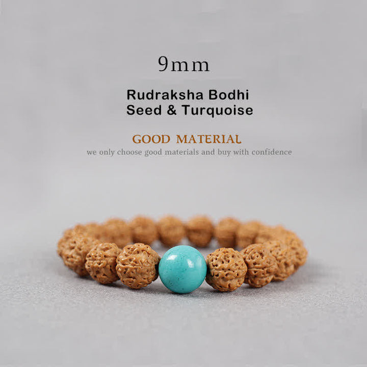 Buddha Stones Tibet Rudraksha Bodhi Seed Dzi Bead Ambra Turchese Bracciale della Ricchezza - 9 mm - Seme di Rudraksha Bodhi e turchese - image 6