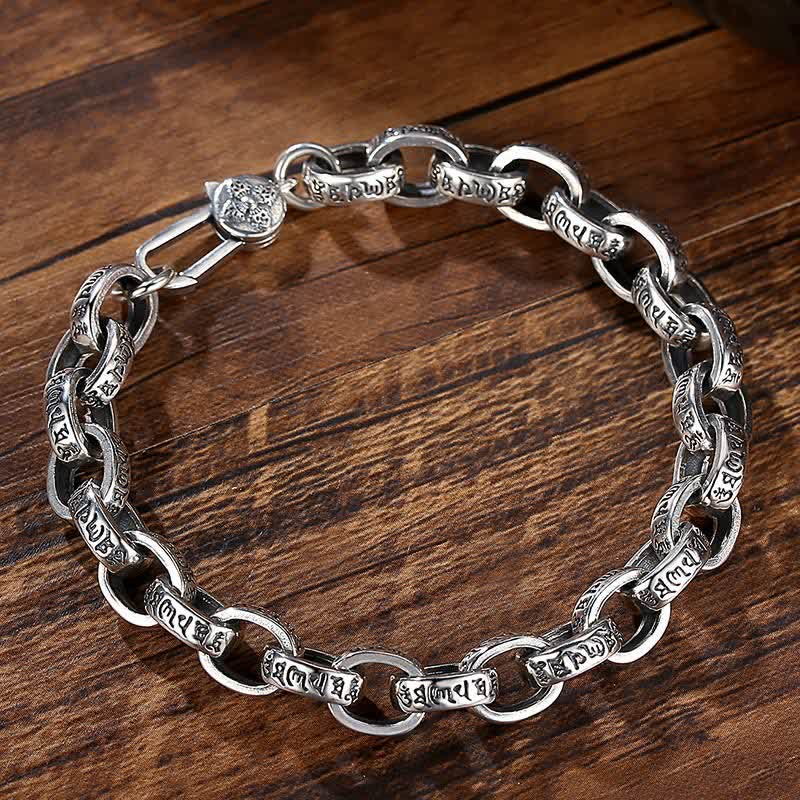 Braccialetto con scritta "Buddha Stones" in argento sterling 925 con incisione Om Mani Padme Hum e simbolo della pace