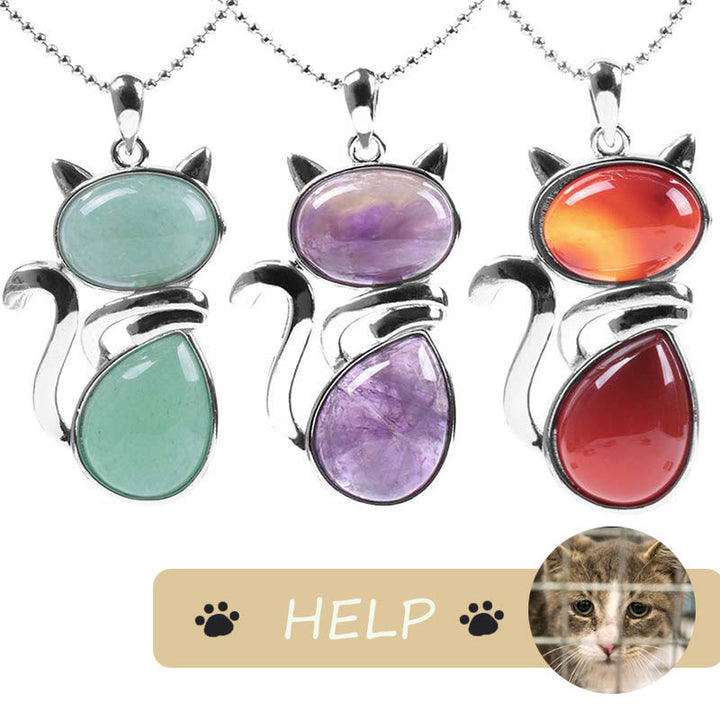 "Save A Cat" Collana con ciondolo amante dei gatti con motivo a gatto carino e protezione in cristallo naturale
