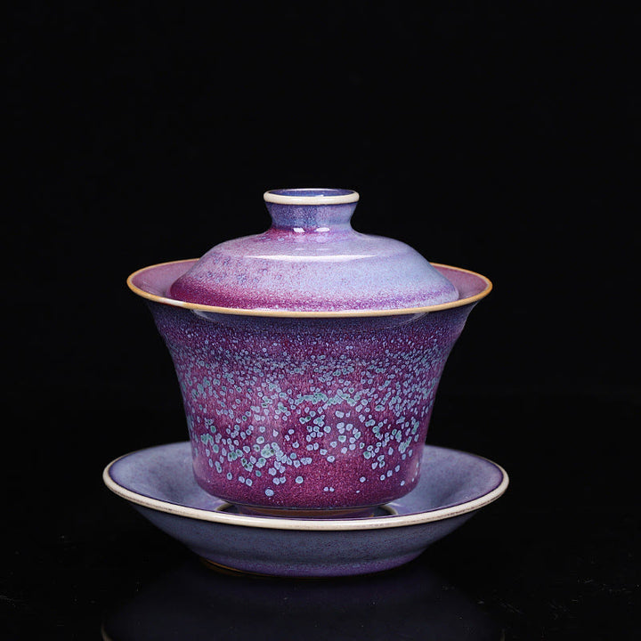 Buddha Stones Retro Glaze Kiln Change Ceramica Gaiwan Sancai Tazza da tè Kung Fu Tazza da tè e piattino con coperchio - Stile viola (colore e smalto possono variare) - 9,8 cm*9 cm*150 ml - image 2
