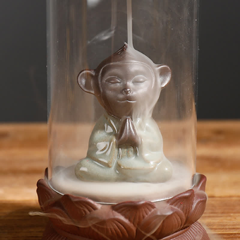 Meditazione Wukong Monkey King Argilla Viola Parabrezza Loto Fontana di Fumo a Riflusso Bruciatore di Incenso Decorazione