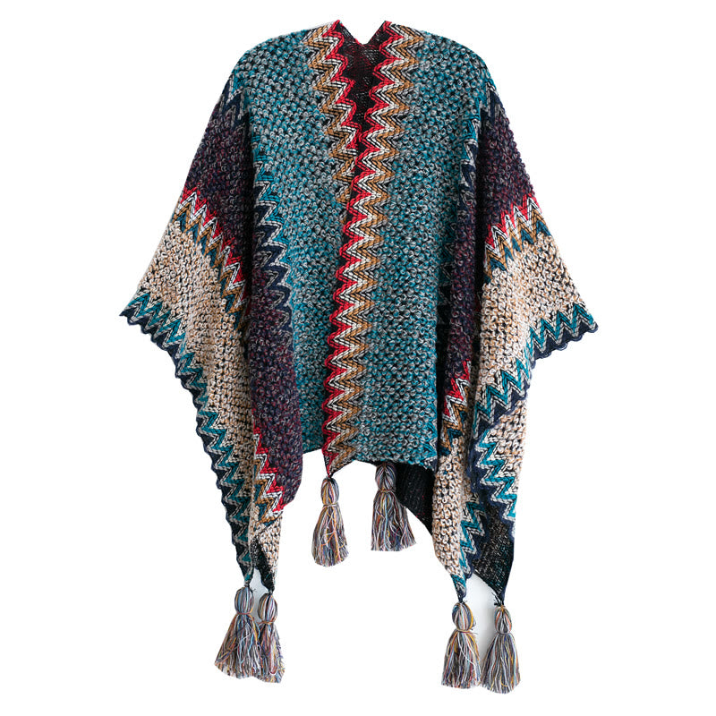 Scialle tibetano Buddha Stones, blu, beige, rosso, motivo ondulato, sciarpa invernale calda con nappe