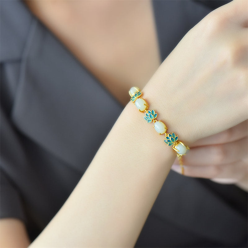 Braccialetto di protezione del loto in giada bianca e giada ciano Buddha Stones