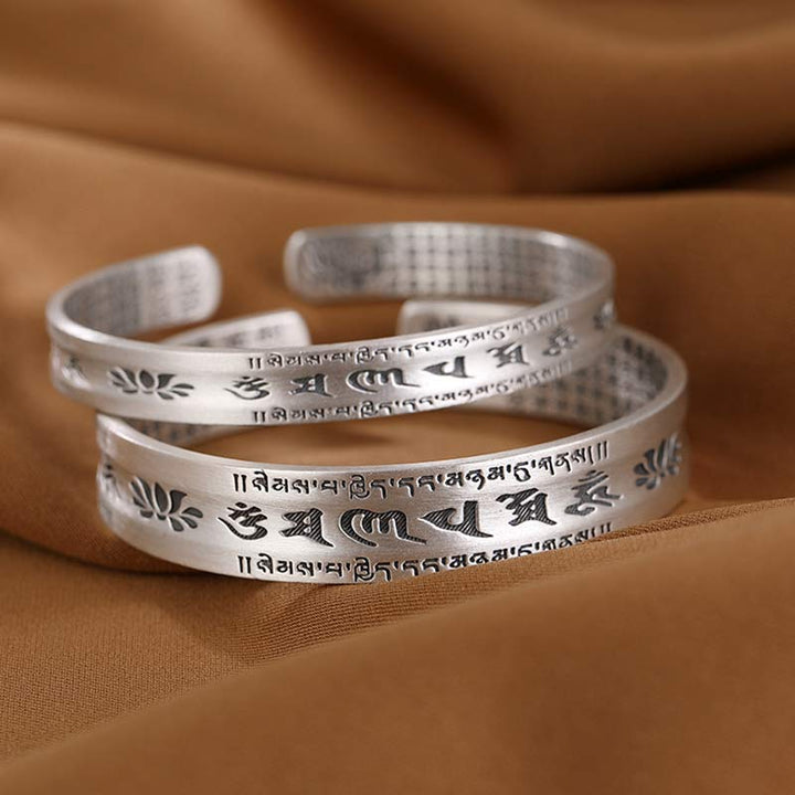 Buddha Stones 999 Sterling Silver Om Mani Padme Hum Lotus Wisdom Bracciale Bangle