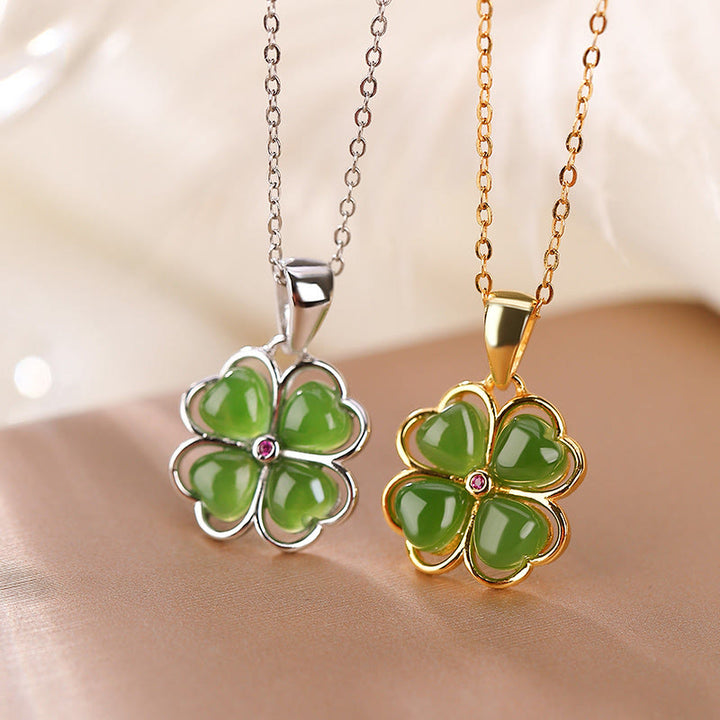 Collana con ciondolo a forma di quadrifoglio fortunato con Buddha Stones in argento sterling 925, giada ciano Hetian, guarigione