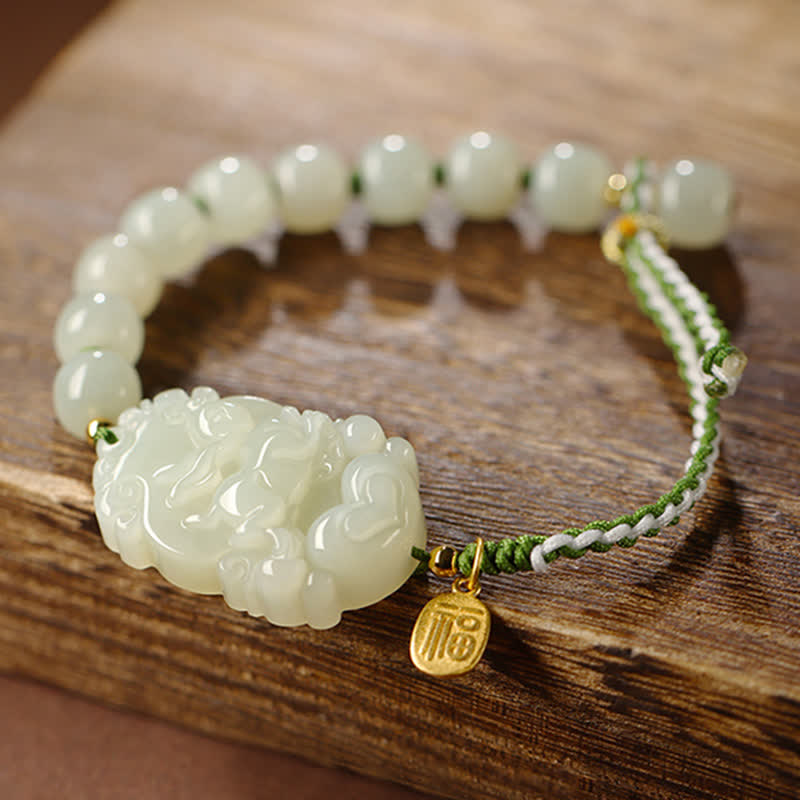 Braccialetto in argento sterling 925 con zodiaco cinese Hetian Jade Happiness Luck String