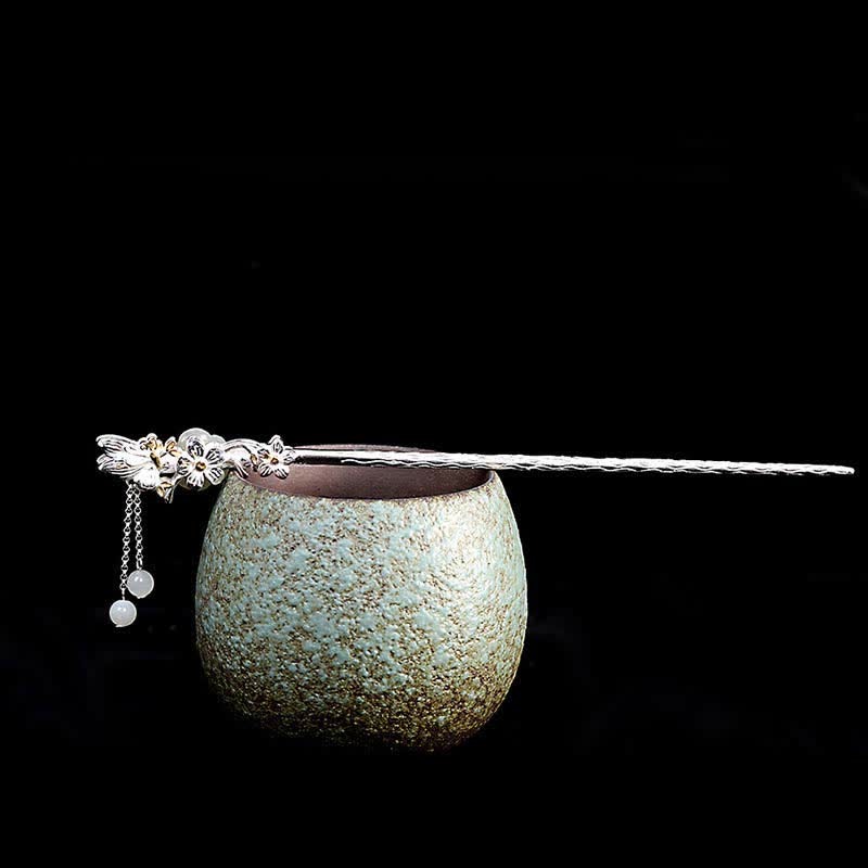 Forcina per capelli con fiore di giada bianca Hetian in argento sterling 925
