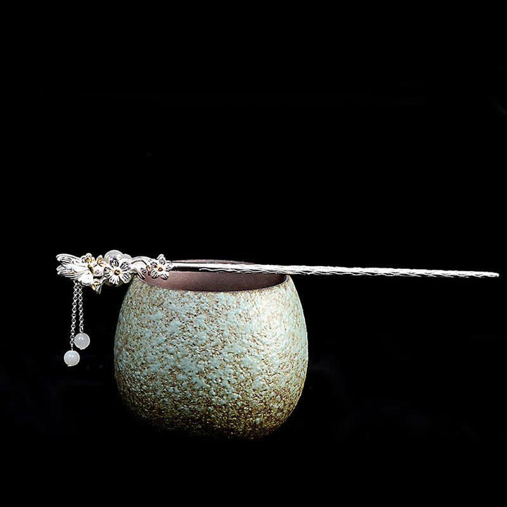 Forcina per capelli con fiore di giada bianca Hetian in argento sterling 925 - image 16