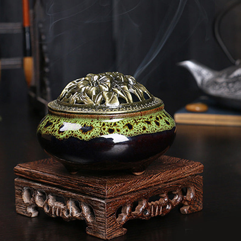 Buddha Stones Flower Pattern Ceramica Benedizione Meditazione Incenso Bruciatore Decorazione