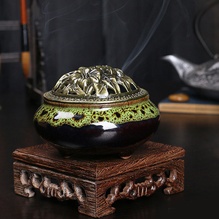 Buddha Stones Flower Pattern Ceramica Benedizione Meditazione Incenso Bruciatore Decorazione