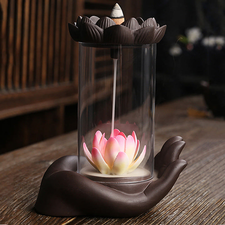 Buddha Stones Mano di Buddha Loto Illuminazione LED Luce Viola Argilla Ceramica Bruciatore di Incenso Decorazione