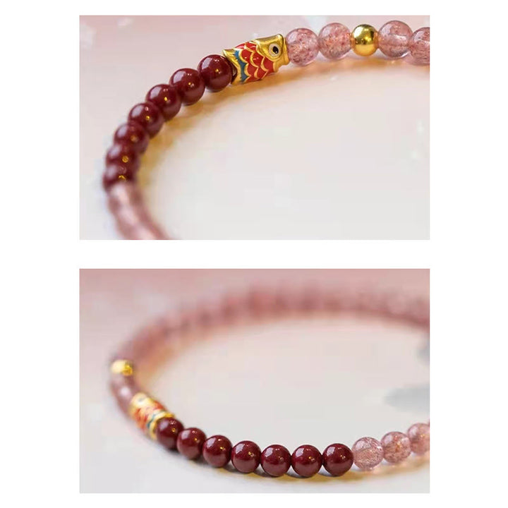 Braccialetto curativo con pesce koi portafortuna in quarzo fragola naturale cinabro Buddha Stones
