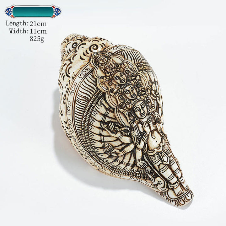 Decorazione di ricchezza di conchiglia di conchiglia di Avalokitesvara Buddha tibetano inciso a mano Shankha - Avalokitesvara dalle mille braccia 21*11cm - image 32