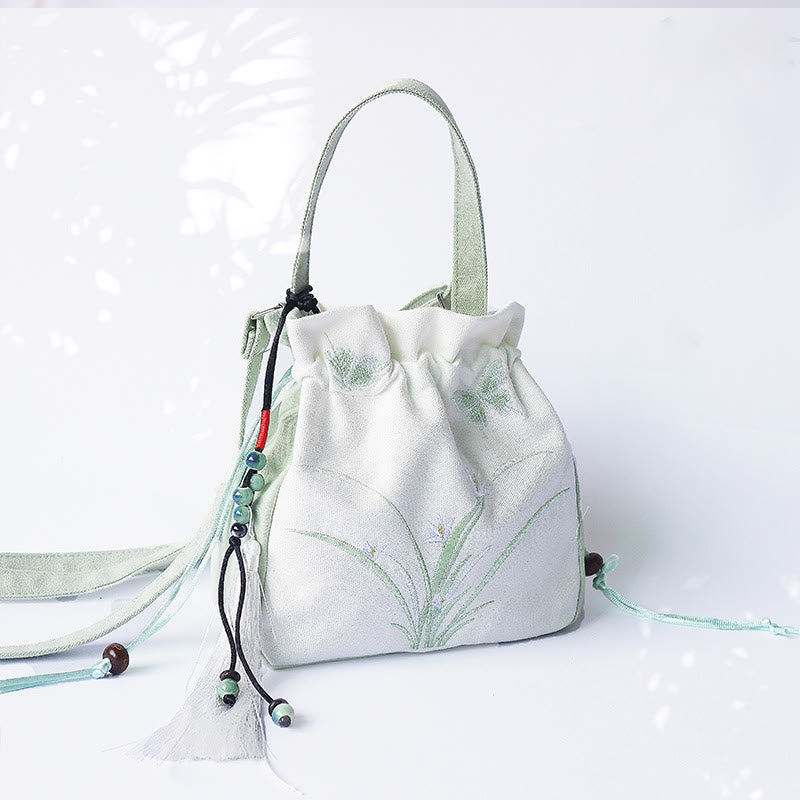 Borsa a tracolla in tela con fiori ricamati a mano con Buddha Stones - Erba verde e bianca 20*20 cm - image 0