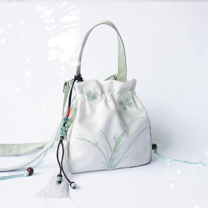 Borsa a tracolla in tela con fiori ricamati a mano con Buddha Stones - Erba verde e bianca 20*20 cm - image 0