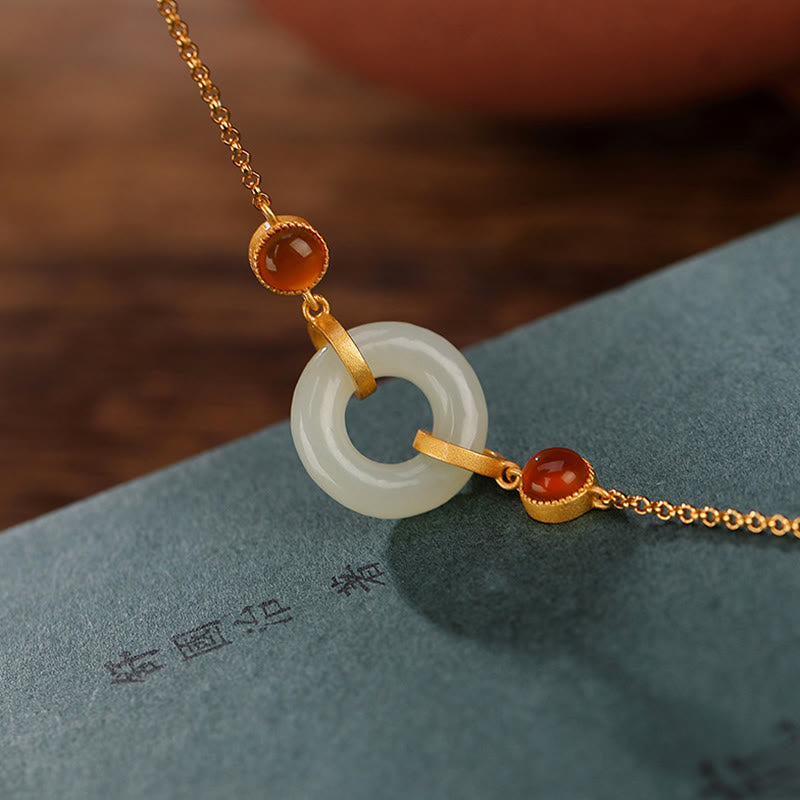 Braccialetto della fortuna in agata rossa con fibbia della pace in giada naturale Hetian, argento Buddha Stones 925 placcato oro - image 1