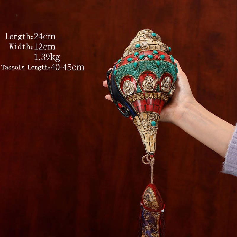 Shankha tibetano fatto a mano Om Mani Padme Hum Buddha Avalokitesvara Turchese Conchiglia Decorazione positiva - Turchese bianco 24*12cm - image 16