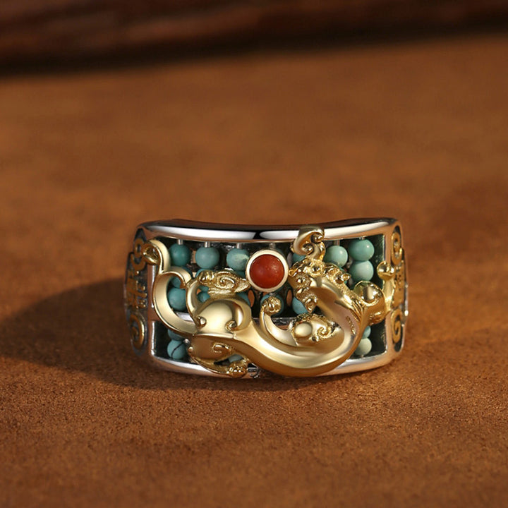 Anello di protezione PiXiu Abacus in argento sterling 925 Buddha Stones e agata rossa turchese