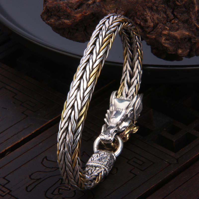 Braccialetto in metallo intrecciato con design a forma di drago Buddha Stones in argento sterling 925 Anno del drago di buon auspicio
