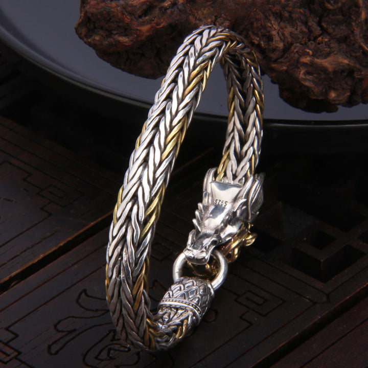 Braccialetto in metallo intrecciato con design a forma di drago Buddha Stones in argento sterling 925 Anno del drago di buon auspicio