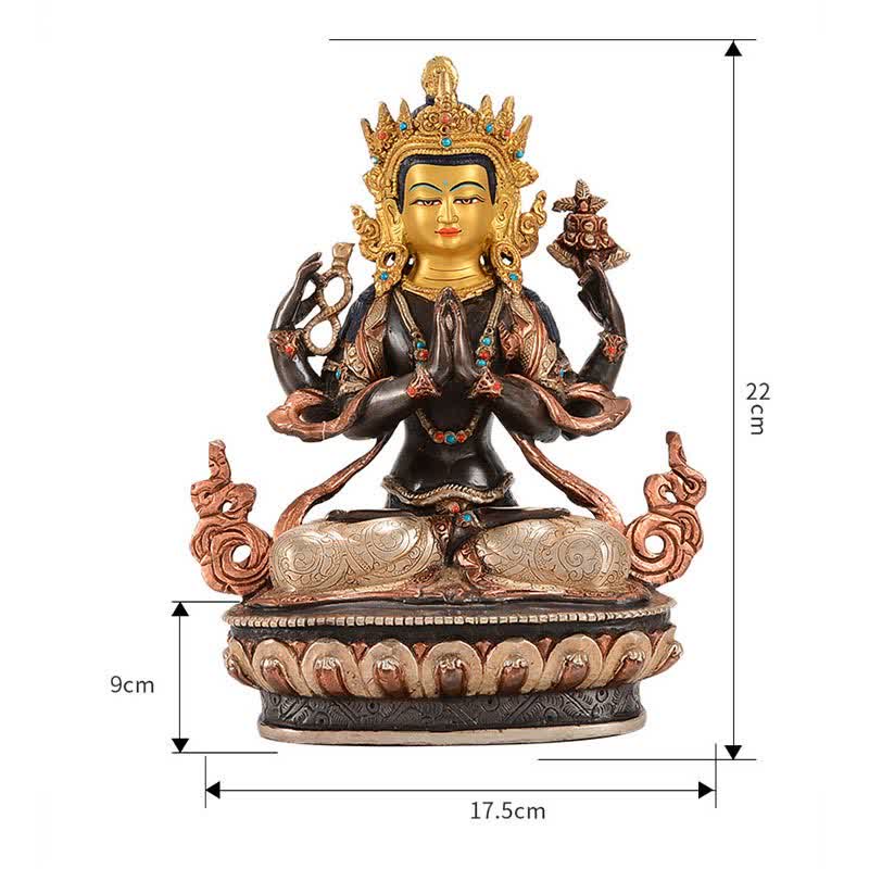 Statua di rame di protezione di Avalokitesvara a quattro braccia del Bodhisattva Chenrezig Decorazione