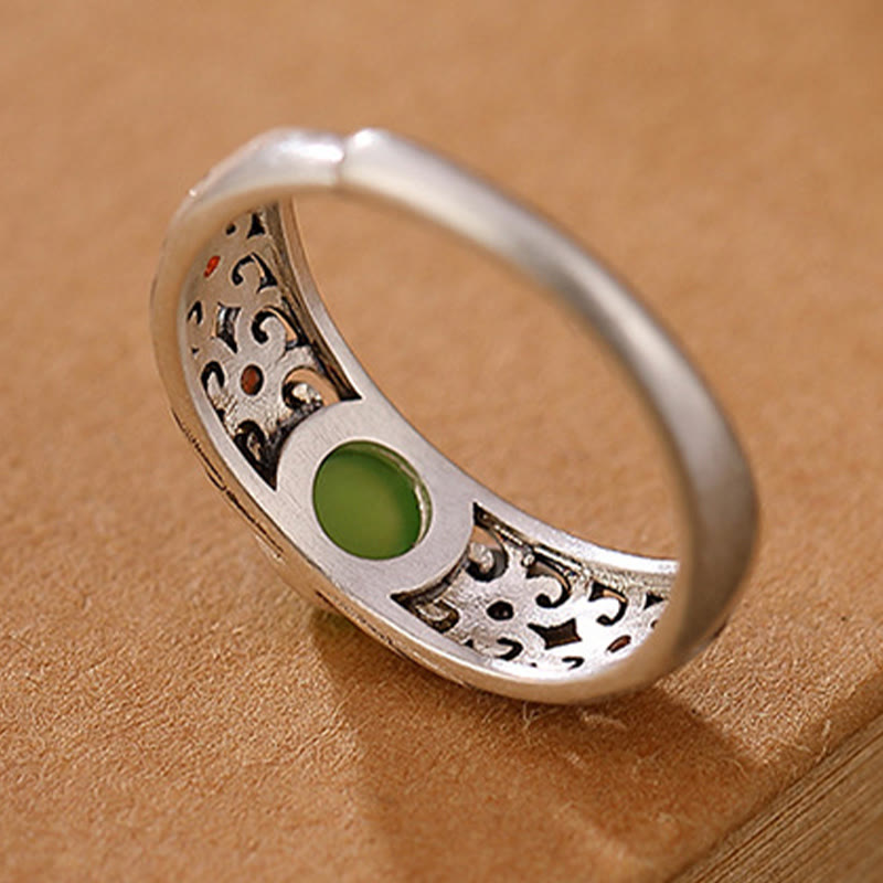 Anello regolabile in argento sterling 925 Buddha Stones e giada ciano Hetian Harmony