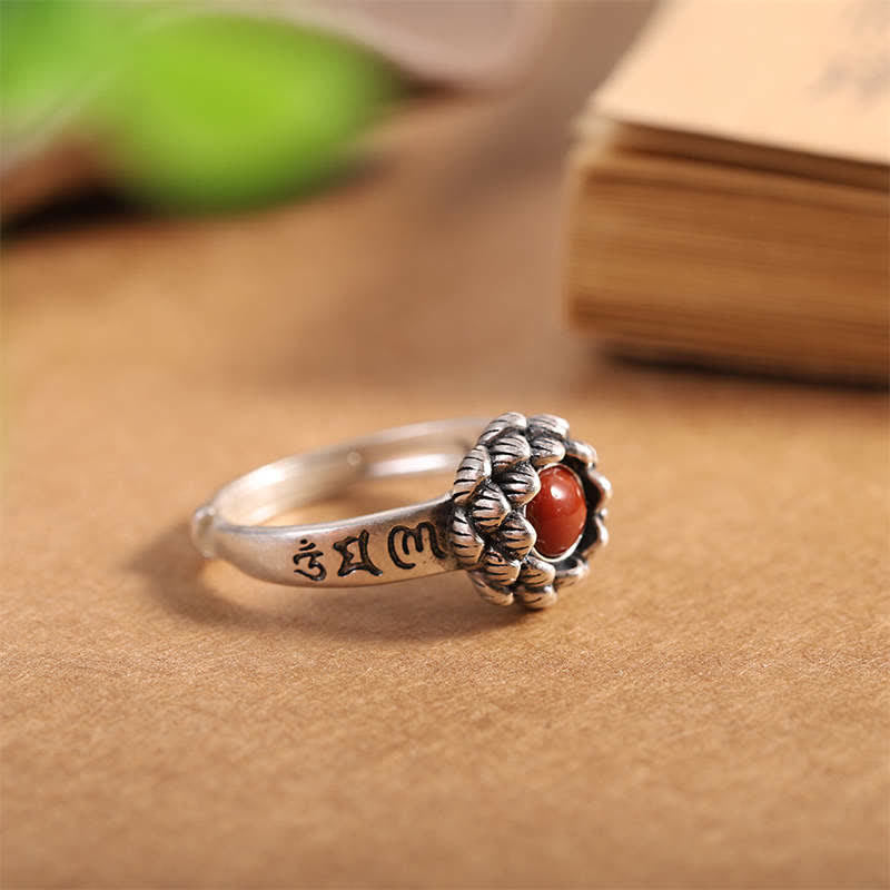 Buddha Stones925 Sterling Silver Lotus Red Agate Anello di Benedizione della Fiducia