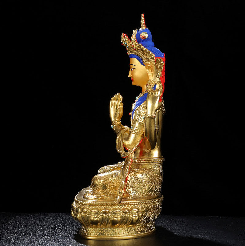 Statua di protezione di Avalokitesvara a quattro braccia di Chenrezig, placcata in oro e rame