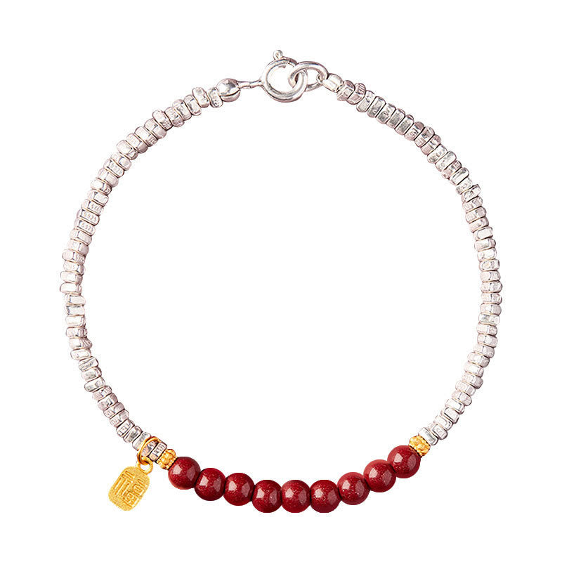 Bracciale Buddha Stones 925 Sterling Silver Cinnabar Fu Character Blessing