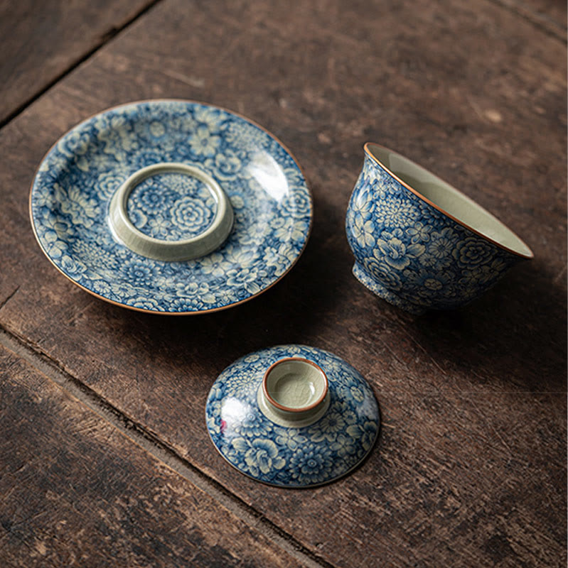 Buddha Stones Vintage Blu e Bianco Porcellana Fiore di Pesco Loto Peonia Ceramica Gaiwan Sancai Tazza da Tè Kung Fu Tazza da Tè e Piattino con Coperchio - image 3