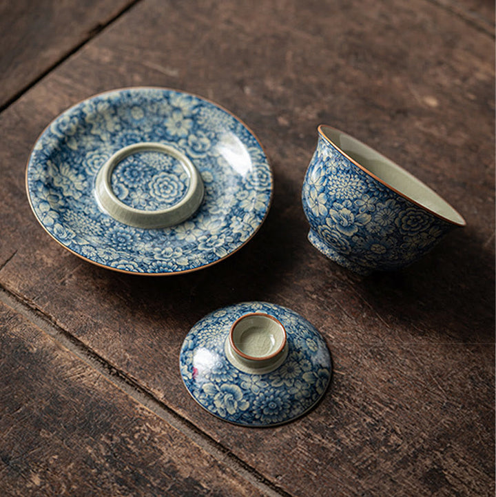 Buddha Stones Vintage Blu e Bianco Porcellana Fiore di Pesco Loto Peonia Ceramica Gaiwan Sancai Tazza da Tè Kung Fu Tazza da Tè e Piattino con Coperchio - image 3