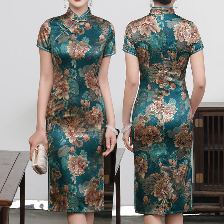 Abito da donna in cheongsam con stampa di piume di peonia e fiori di loto retrò Buddha Stones