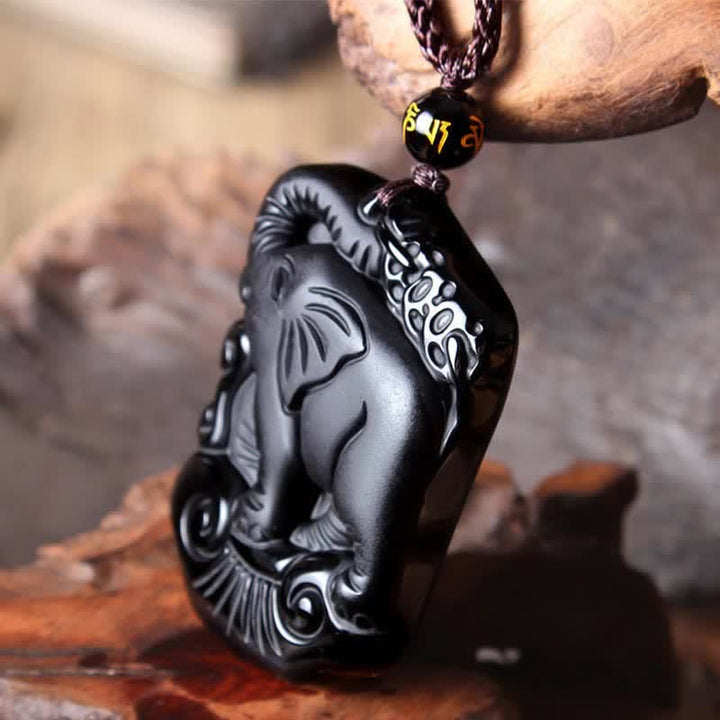 Collana con ciondolo portachiavi in corda di protezione per elefante in ossidiana nera