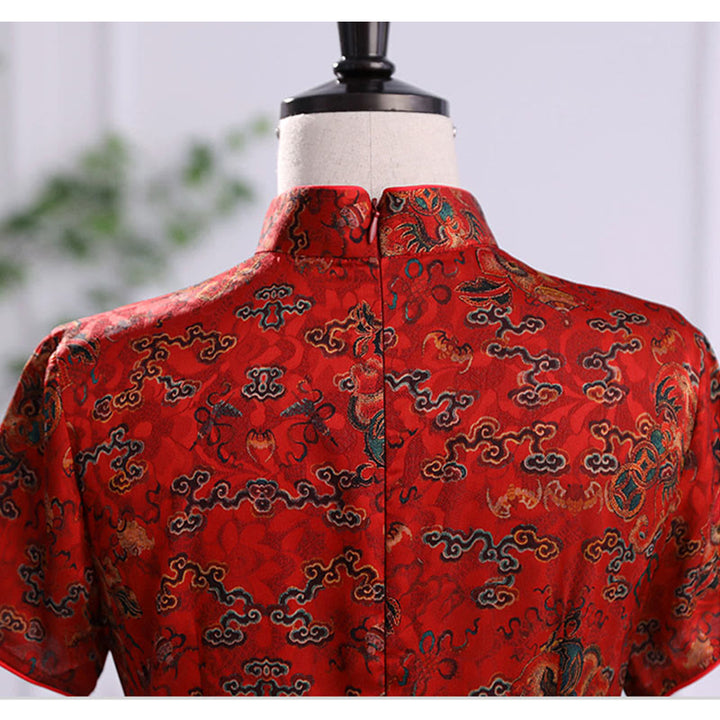 Abito da donna in cheongsam con stampa di foglie e nuvole di buon Buddha Stones vintage, abito da donna in qipao - image 12