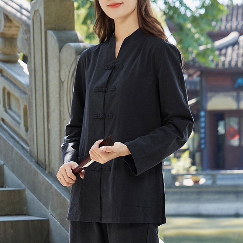 Buddha Stones Spirituale Zen Pratica Yoga Meditazione Preghiera Uniforme Cotone Lino Abbigliamento Donna Set - Nero - US18, UK/AU22, EU50 (6XL) - image 6