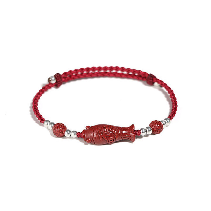Bracciale intrecciato con moneta di rame, pesce koi, cinabro, Fu, argento sterling 925 , Buddha Stones
